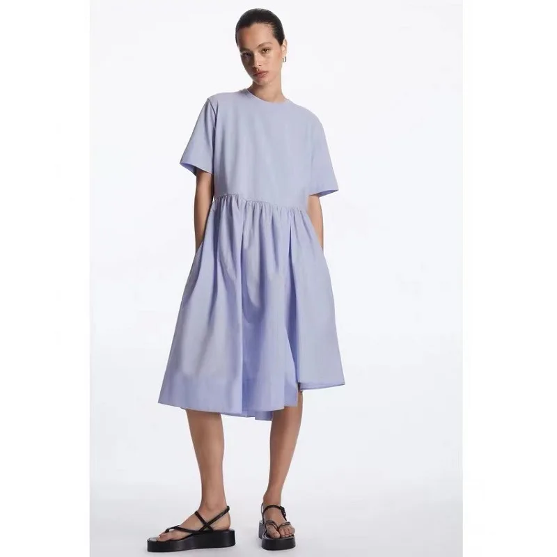 COS femmes décontracté pli t-shirt Dr bleu été moderne Sle rond Ne taille ample ort Sve mi-longue a-ligne jupe