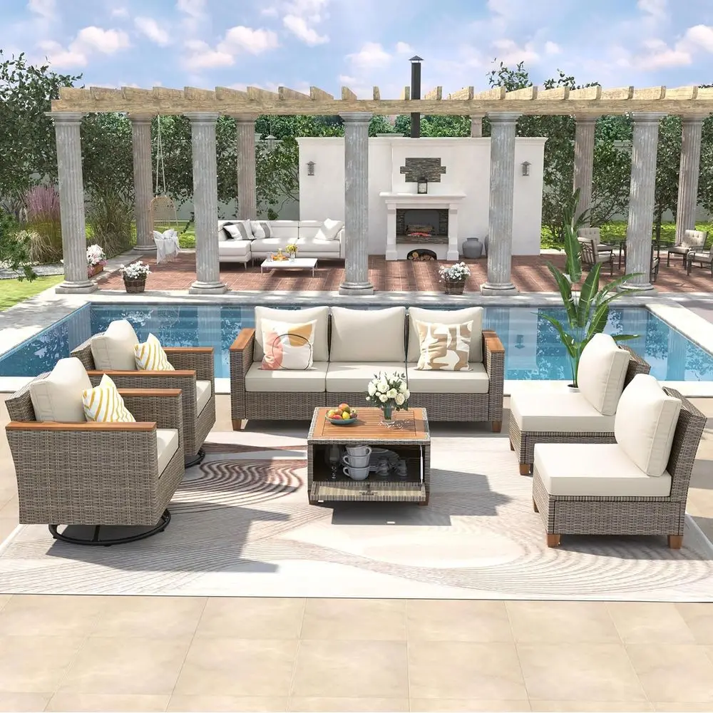 

8-Piece Outdoor Wicker Furniture Set with Swivel Rocking Chairs and Acacia Table, Beige & Brown