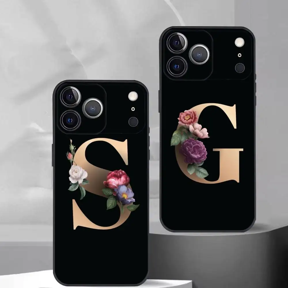 

Flowers Initial L-Letter Phone Case For iPhone 17,16,15,14,13,12,11 Plus,Pro Max,XS,Soft Silicone Black Cover