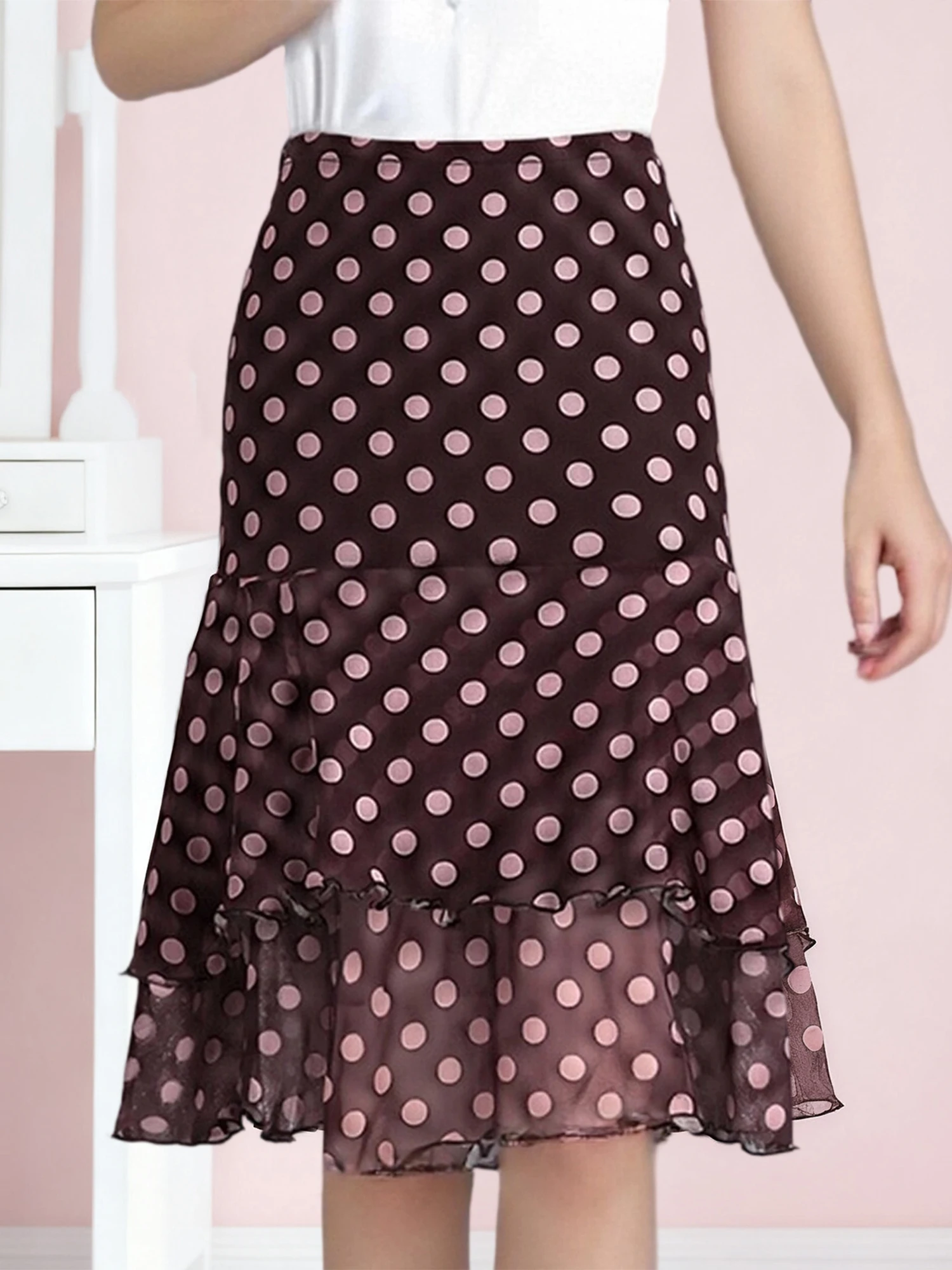 Women s Polka Dot Pleated Midi Skirt Stylish Tiered Ruffle Detail Loose Fit Knee-Length Skirt for Everyday Wear Office Vacation