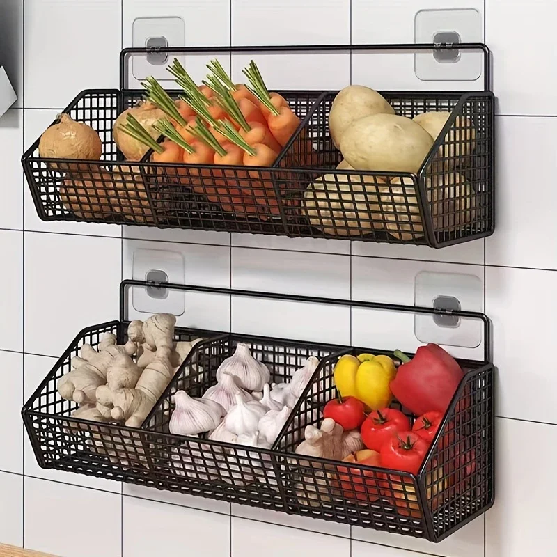 

Настенная кухонная корзина для хранения, прочная проволочная стойка для хранения овощей и фруктов, подходит для организации дома