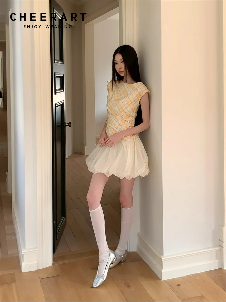 CHEERART Yellow Plaid Designer Bud Short Dresses Summer Sleeveless Drawstring Patchwork Ball Gown Cute Mini Dress Woman Clothes