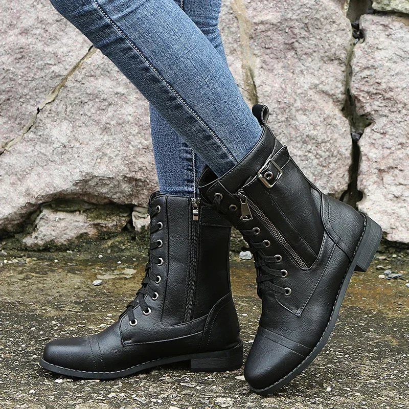 2022 New Plus Size Retro Women Western Boots Punk Lace Up Buckle Motorcycle Boots Zipper Mid Calf Boots Ladies Short Botas