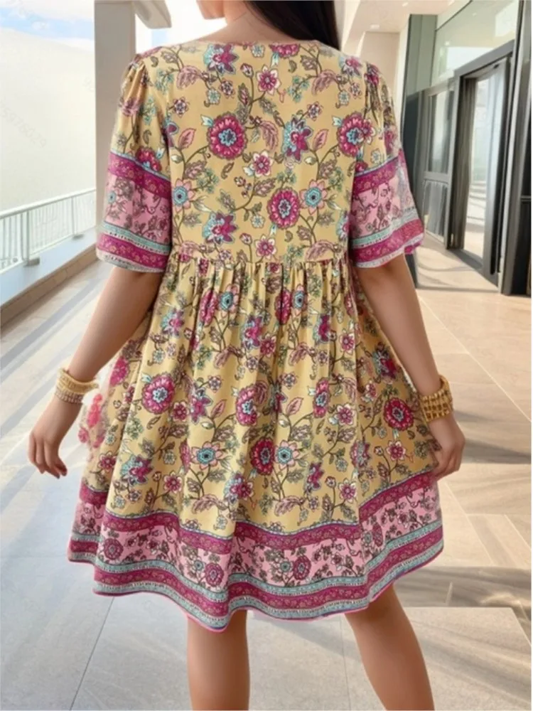 Women Floral Print Boho Beach Mini Dress  Summer V Neck Short Sleeve Lace Up Casual Loose Holiday Dresses Robe Female