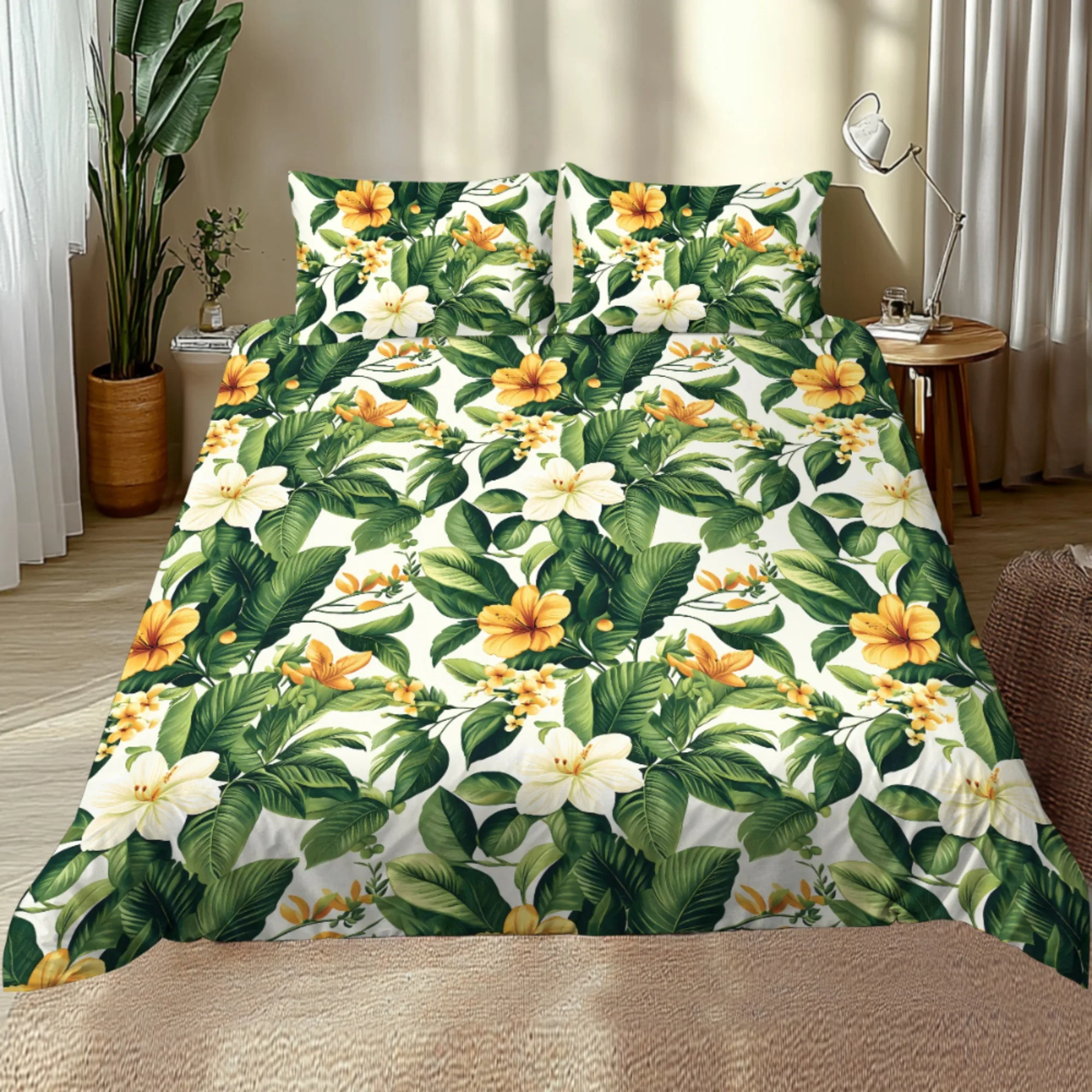 Ultra-Soft Velvet Duvet Cover Set Watercolor Green Leaves Pure White Flowers Design Stereoscopic Digital Print Bedding