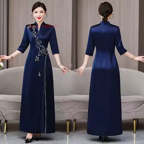 2026 chinese improved qipao dress national flower sequin satin cheongsam traditional wedding dress banquet evening dress qipao