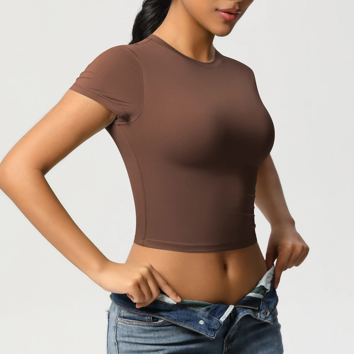 Frauen Sport Shirt Kurzarm Gym Top Workout Kleidung Hohe Elastische Active Wear Femme Lauf Zubehör Fitness T-shirt – Detail 5