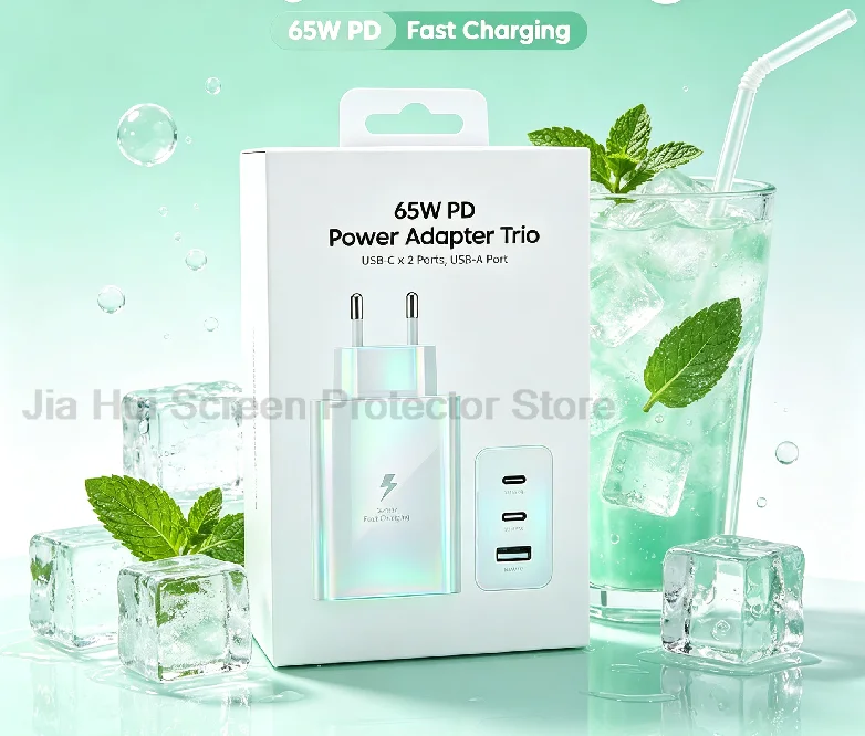 Portable 65W PD GaN Fast Charger Power Adapter Trio 2 USB‑C 1 USB‑A Multi‑Device Charging EU Plug for iPhone Laptop Android