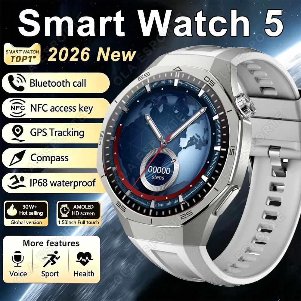 2026 Neue Smartwatch 5 HD AMOLED 1,52 Zoll NFC Herzfrequenzüberwachung IP68 Bluetooth-Anruf Smartwatch Geeignet für Android iOS HW12