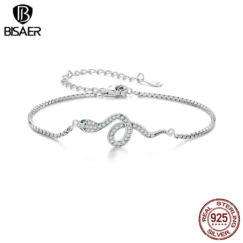 BISAER 925 Sterling Silver Spirit Serpent Bracelet Pavé Setting Zircon Plated Platinum Adjustable Chain for Women Fine Jewelry