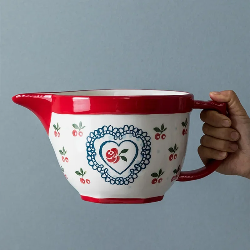 Mixing Bowl Egg Beating Bowl with Drainage Mouth Ceramic Small Handle Large Milk Cup Salad Baking Kitchen Accessories