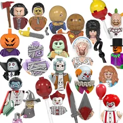 Blocos de construção do filme de terror Halloween, figuras anime, zumbis, fantasma, crânio, abóbora, bruxas, boneca de ação, brinquedos para crianças, presentes