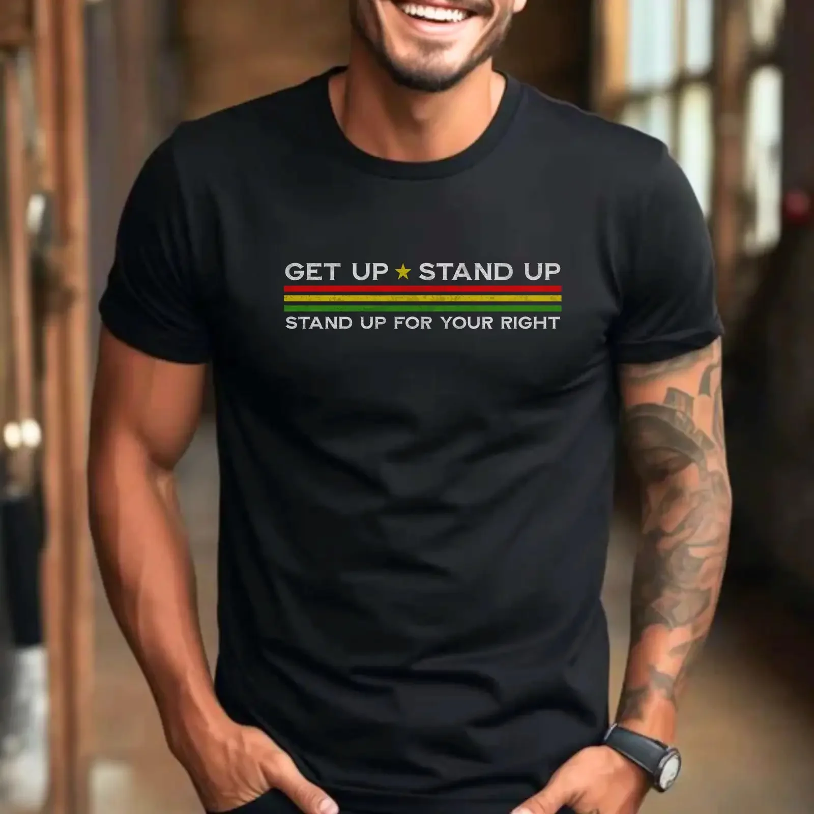 Men's Get Up Stand Rasta Reggae Music T Shirt Bob Marley Inspired Casual Crewneck  vintage Washed Stylish Stretched Comfortable