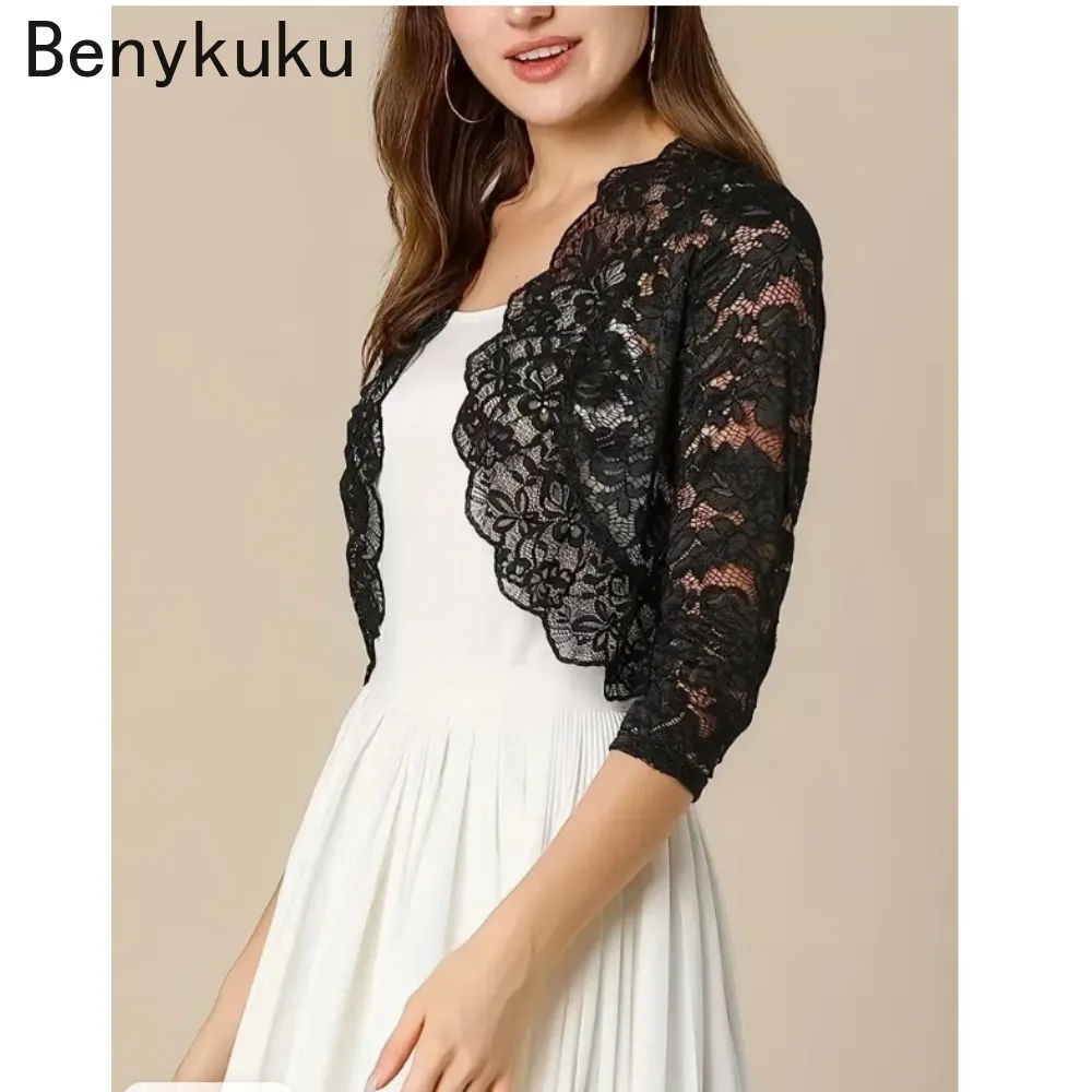 Černobílé bolerko s rameny 2025 Letní oblečení Dámský květinový krajkový kardigan Průsvitný vroubkovaný 3/4 rukáv Crop Top - náhled 3