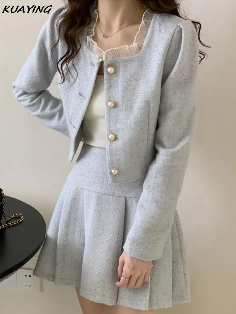 Y2k Autumn Small Fragrant Tweed Two Piece Set Elegant Short Jacket Coat + A-Line Pleated Mini Skirt Korean Female Outfits New