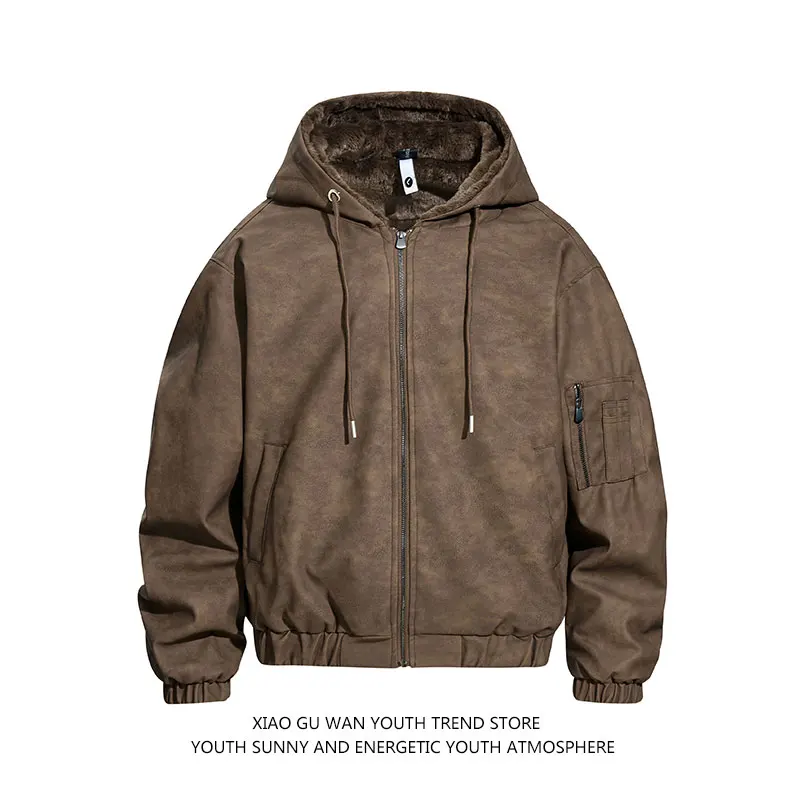 American Sle Suede Hoodie Jaet Men's Women's Loose Fit Personali Couple Outerwear Warm Thi Long Sve Zipper Closure