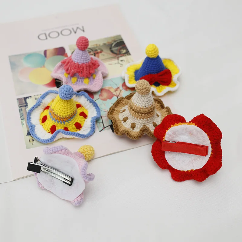 Handmade Boutique Crochet  Pompom Party Hat Hairpins Cartoon Barrettes Hair Clips For Baby Child