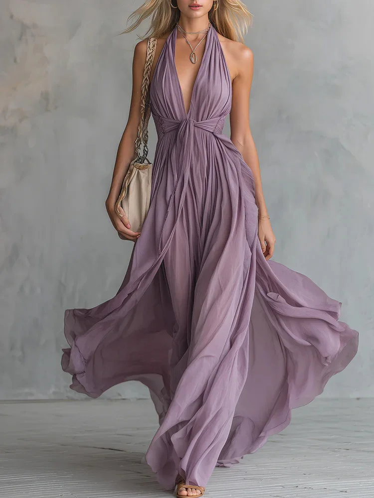 Elegantes, schickes Damen-Maxikleid mit tiefem V-Ausschnitt, einfarbig, Patchwork, Sommermode, ärmellos, für Urlaub, Party, Streetwear, Kleid, Vestido
