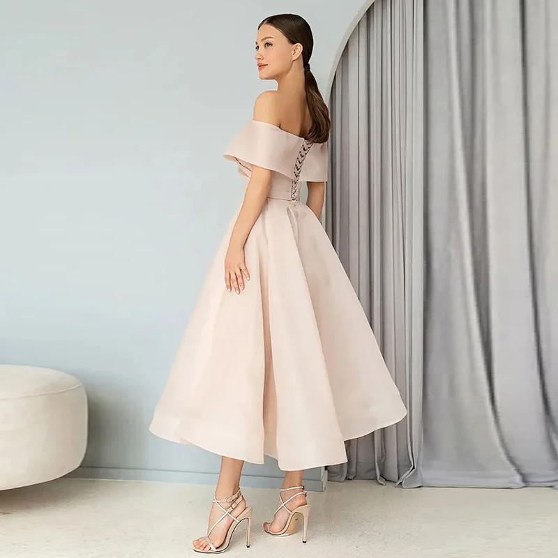 فستان وردي مكشوف الكتفين للحفلات الراقصة ميدي لضيوف الزفاف فستان تول على شكل حرف a فستان كوكتيل فساتين حفلات أنيقة 2025