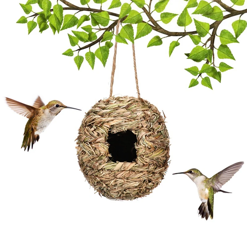 4 Pack Hanging Bird Nest House For Outside,Ball Shape,Hand Woven,Made Of Natural Grass,Perfect For Garden,Patio