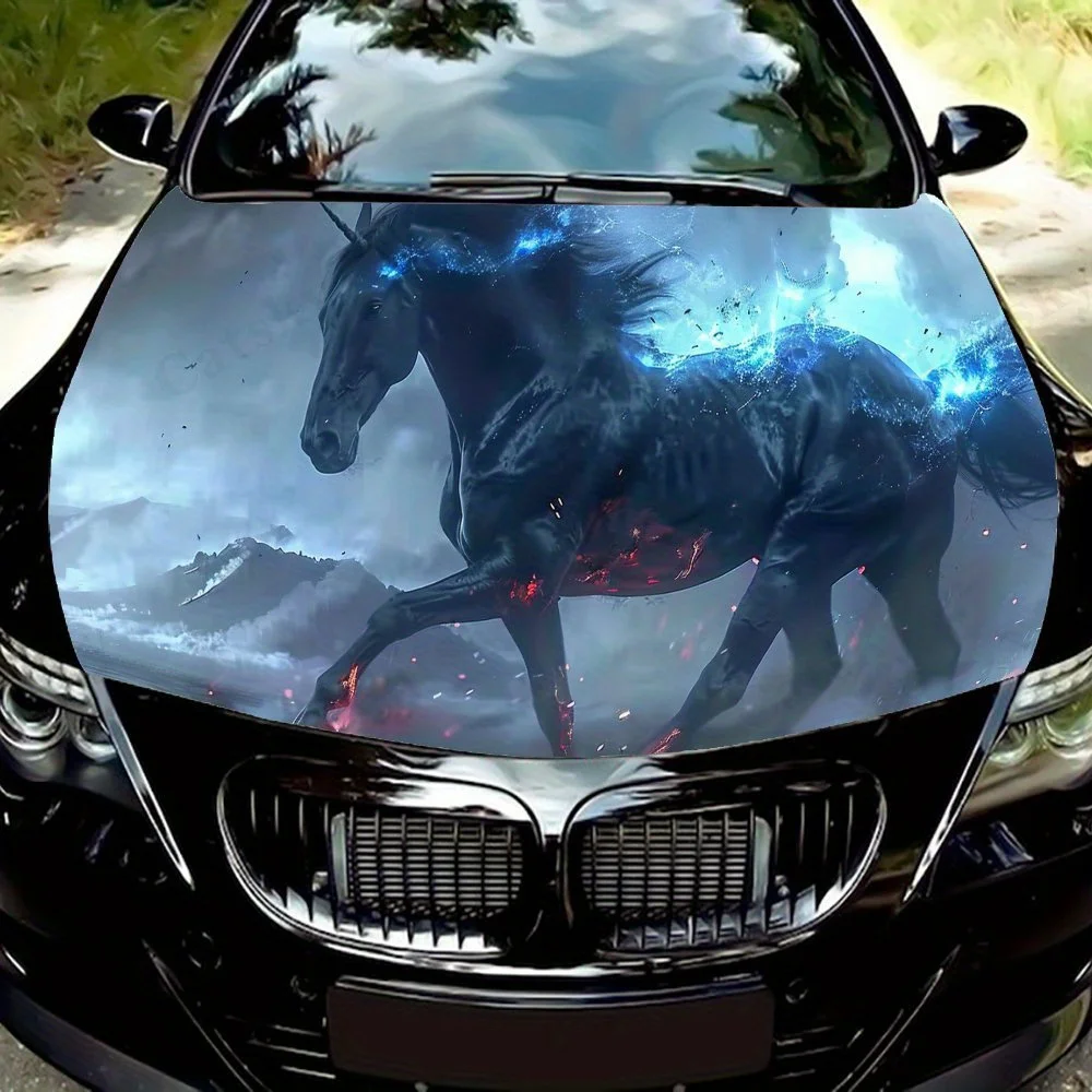 

Blue Mang Ghost Horse Hood Sticker - Waterproof and Scratch-resistant PVC, Cool Blue Flame Light Effect, Car Appearance Personal