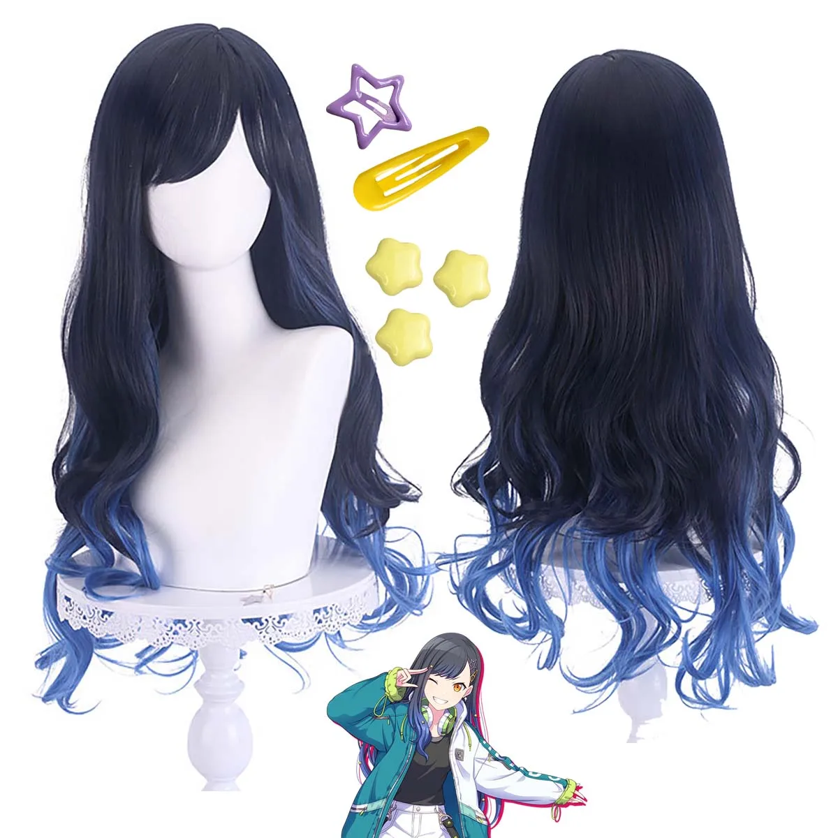 

Высококачественный парик для косплея Project Sekai Colorful Stage Feat Shiraishi An, темно-синий, волнистый, длинный