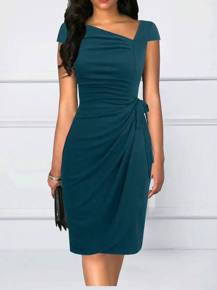 Elegant black ruched twist wrap occasion dress