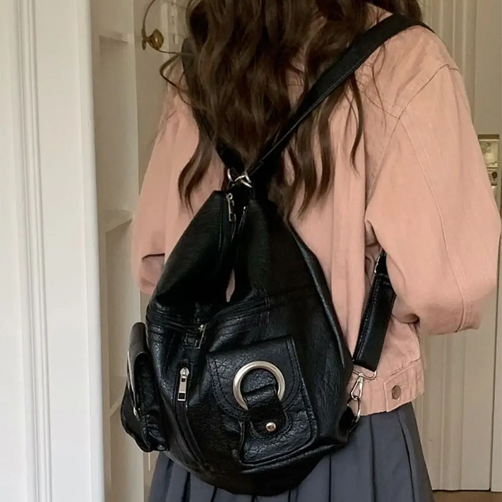 

Простая сумка через плечо Y2K в стиле ретро, мягкая кожаная мотоциклетная сумка большой вместимости, модный винтажный рюкзак для девочек