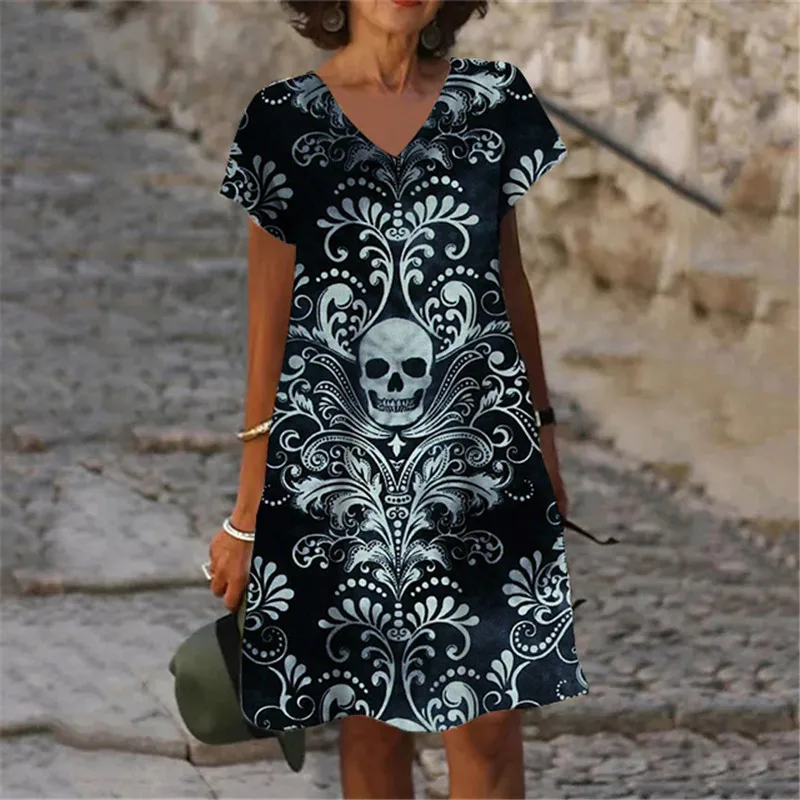 2023 Fashion Dresses Hot Sale 3D Printing Terror White Skull Pattern Women's Dress Casual V-Neck Short Sleeve Oversized Clothing