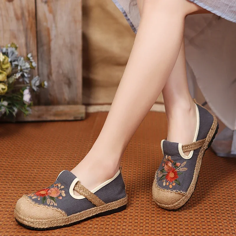 Flats Women  Embroider Retro Cotton Linen Round Toe 2024 New Handmade Casual Concise Comfortable Ladies Shoes