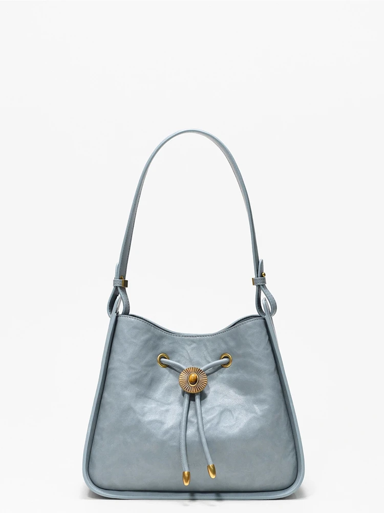 Blue Fashion Simple Bucket Bag Women Genuine Leather Tote Bag\Handbag Real Leather Underarm Shoulder Crossbody Commuter Bag New