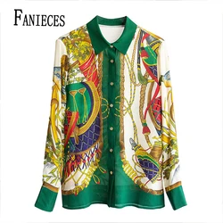 FANIECES S-3XL ropa de mujer Green Print Retro Shirt Women Blouse Elegant Spring Polo Long Sleeve Single Breasted Office 6112