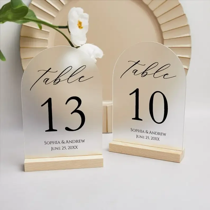 

Arch Frosted Acrylic Table Numbers for Wedding Custom Text Name Table Number Signs with Stand for Anniversary Event Table Number