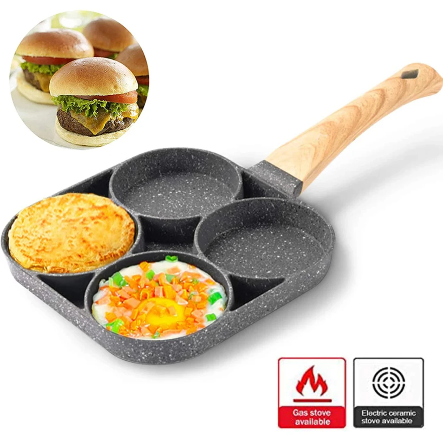 4-Hole Frying Pot Thickened Omelet Pan Black Non-stick Egg Ham Pancake Steak Wooden Handle  Cooking Breakfast Make