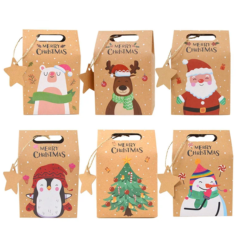 

12/24pcs Christmas Kraft Paper Box Candy Gift Boxes Santa Claus Packaging Bag Party Favor Xmas New Year Navidad Decor Supplies