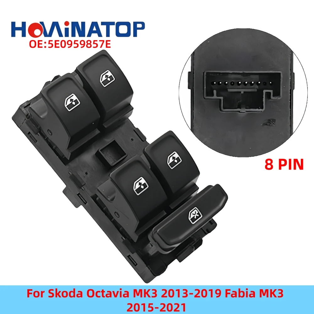 HOWINATOP 5E0959857E 8-Pin Fensterheber-Hauptschalter mit grüner LED-Hintergrundbeleuchtung für Skoda Octavia MK3 2013-2019 Fabia MK3 2015-2021 – Detail 1