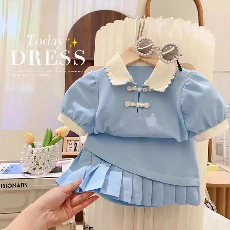 Summer Princess Clothing Sets Girls Short Sleeve Suits Polo Shirt+Skirts 2Pcs Kids Fashion College Style Outfits 3-8 Years