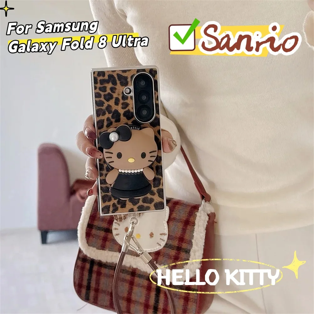 Sanrio Leopard Leather Plating Bumper Shockproof Case for Samsung Galaxy Z Fold 8 Ultra 7 6 5 4 Cover with 3D HelloKitty Stand