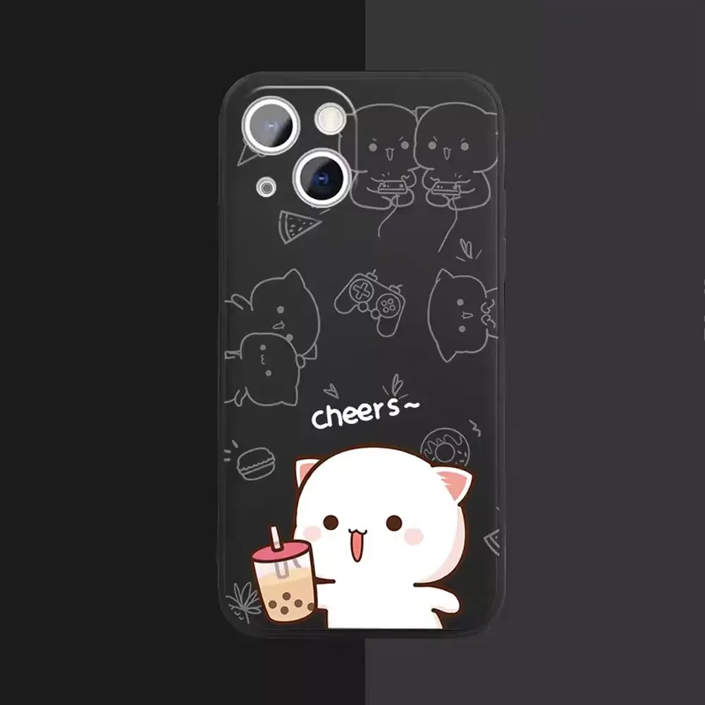 Cartoon Peach Mochi Cat Couple Phone Case for IPhone 15 14 13 12 11 Pro Mini X XR XS MAX 7 8 Plus Cute Animal Paired Soft Covers