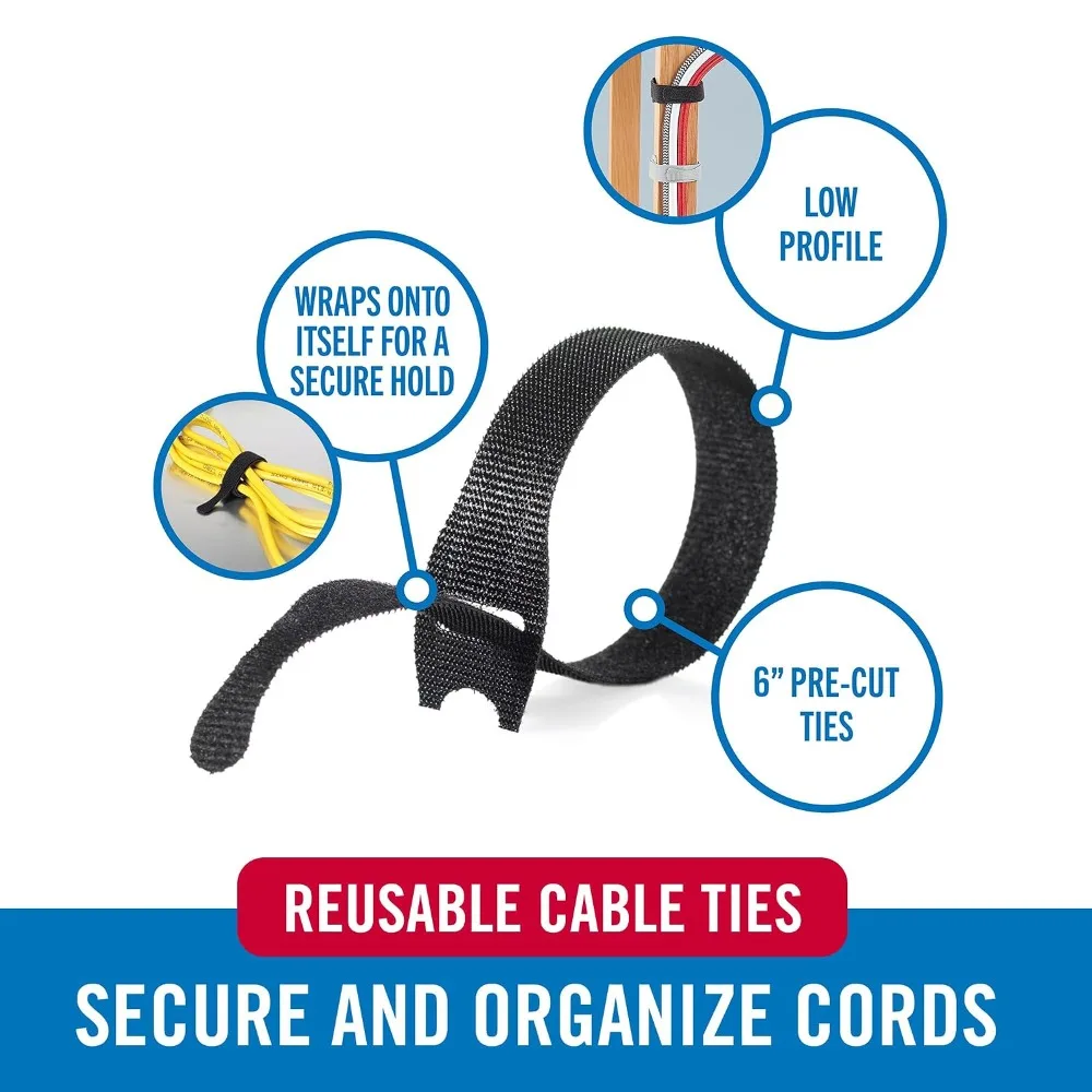 Reusable Cable Ties 6in, 100 Pack - Cord Management Straps for Electronics, Desks, Home Offices, Workstations, Gaming Setups, Adjustable