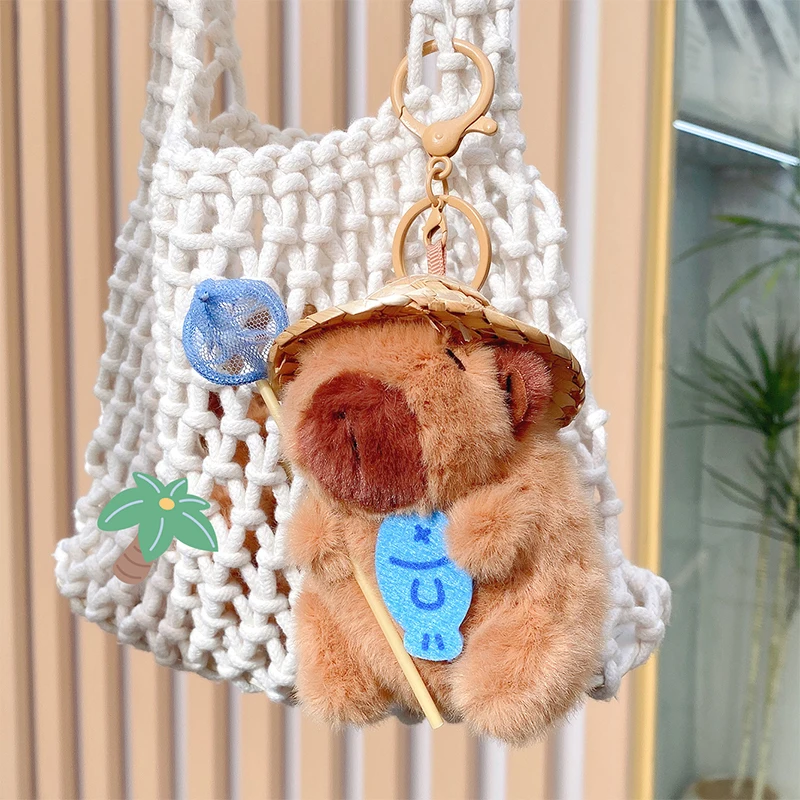 Adorable Capybara Plush Keychain for Fishing Lovers, Unique Keyring Stuffed Cartoon Gift, Bag Pendant Backpack Decor