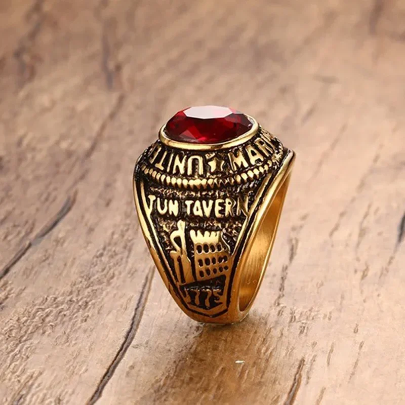 Vintage Gold Color Stainless Steel Red Stone Men Ring US Marines Punk Rock Ring Male Jewelry Gift