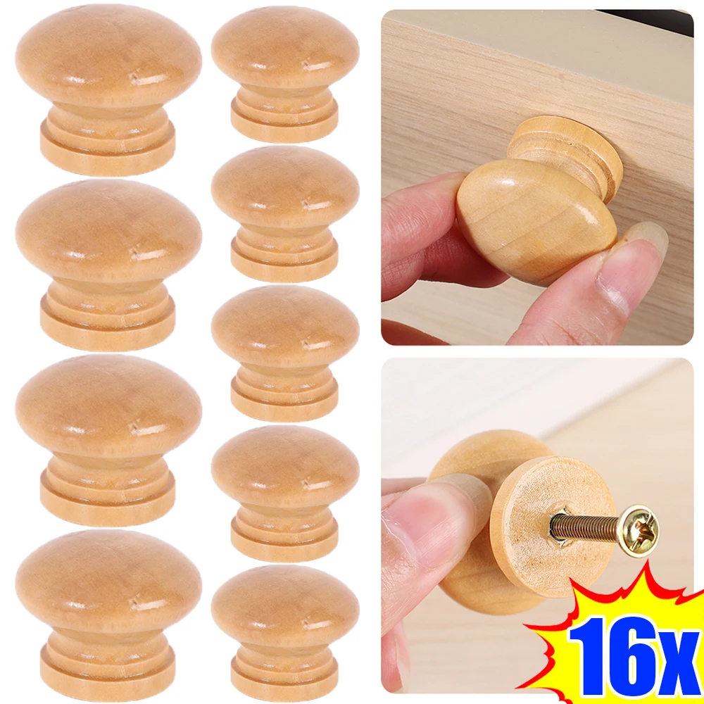 16/1Pc Wooden Door Handle with Screw Round Shape Natural Wooden Cabinet Knob Drawer Wardrobe Door Pull Handle Furniture Hardware