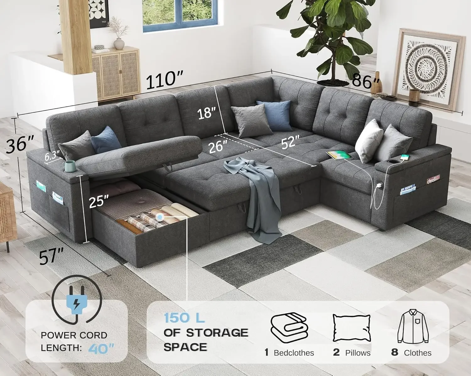 

Sleeper Sofa, Pull Out Sofa Bed with Dual Storage Chaise, Sofa Bed with USB Ports & Cup Holders