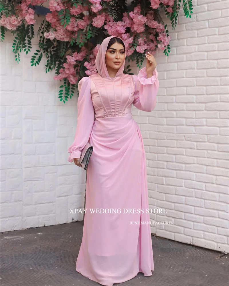 XPAY Pink Modest Dubai Arabic Women Evening Dresses Long Sleeves O-Neck Boning Chiffon Prom Gowns Formal Party Birthday Dress