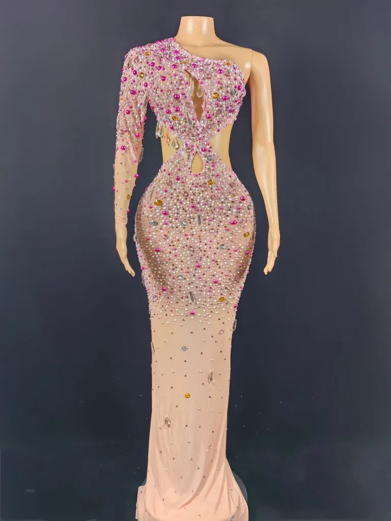 Trajes de palco de luxo feminino único manga longa cortar pérolas miçangas cravejado cristal spadex longo elástico vestidos de festa à noite