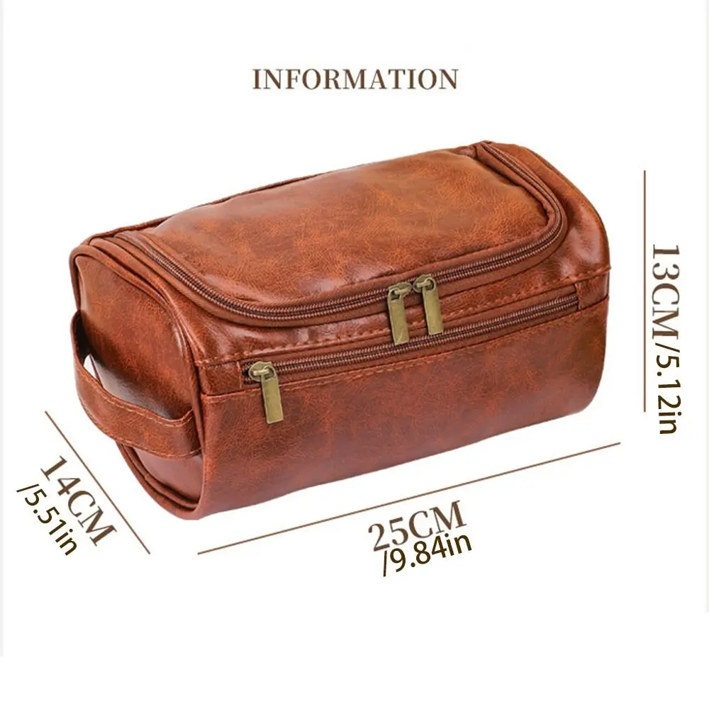 Durable PU Leather Men Toiletry Bag Waterproof With Handle Cosmetic Storage Bag with Hanging Hook Handheld Makeup Bag Business