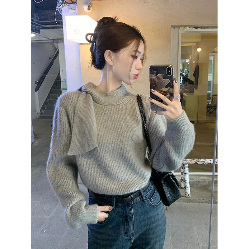 MEXZT Elegant Sweater Women Bow Bandage Knitted Pullovers Korean Aesthetic White Long Sleeve Knitwear Winter Chic Jumpers Tops