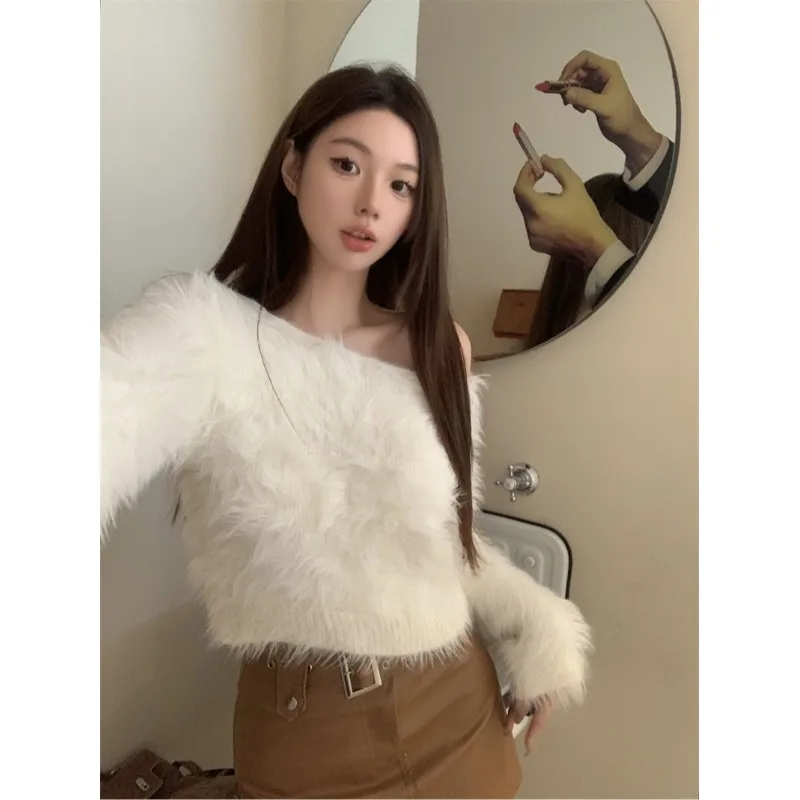

Sexy Color Long Sve Faux Mink Soft Cozy Women's Knitwear round Ne Versatile Slimming Top for Autumn Commute