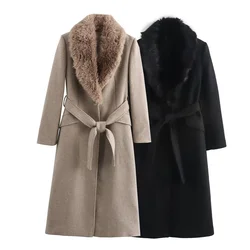 PB&ZA long sleeved lapel single breasted coat with belt pocket decoration for autumn and winter new women's clothing